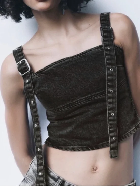 Black Adjustable-Strap Denim Crop Top - Picture 2 of 3